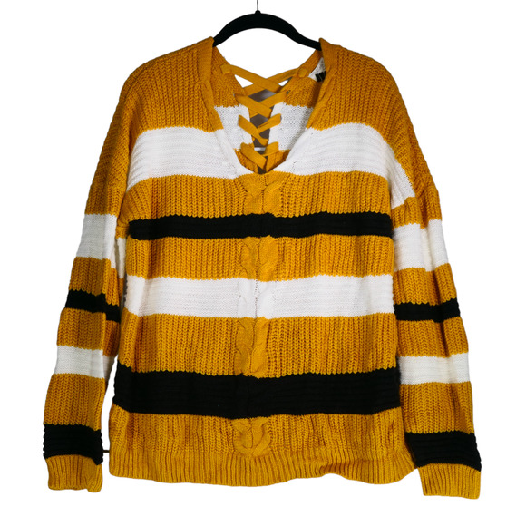 Full Circle Threads Sweater Womens 2X Mustard Stripe Lace up Back Boho Pullover - Picture 1 of 7